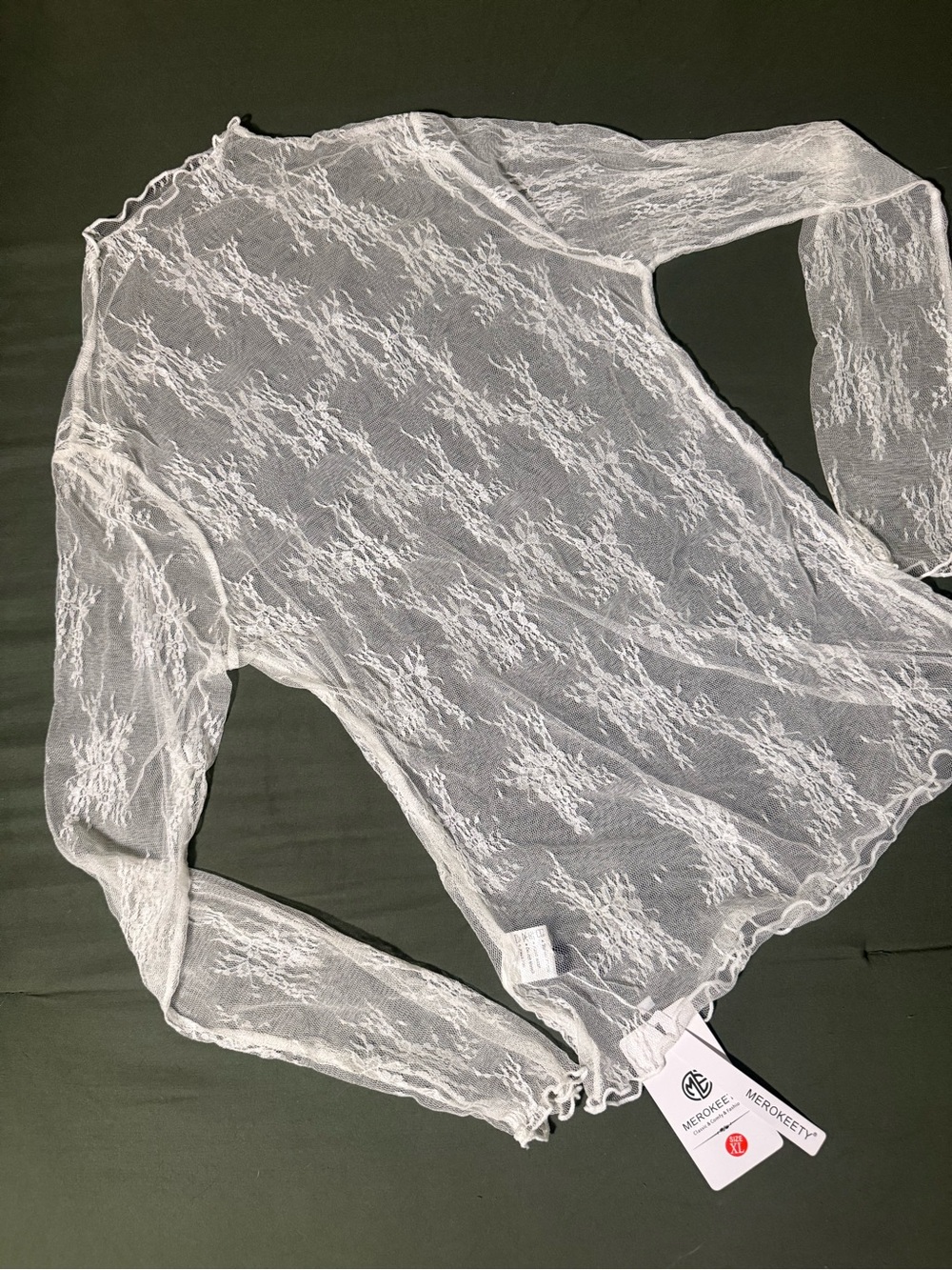 MEROKEETY White Sheer Lace Layering Top XL NWT